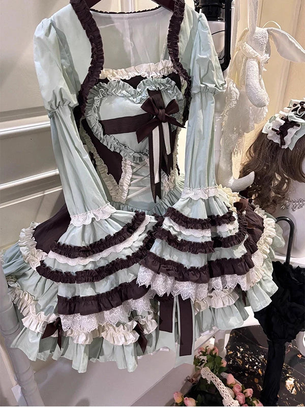 Creamy - Mint Chocolate Hime - JSK Dress and Hime-Sleeve Vest Set with Tiered Ruffles
