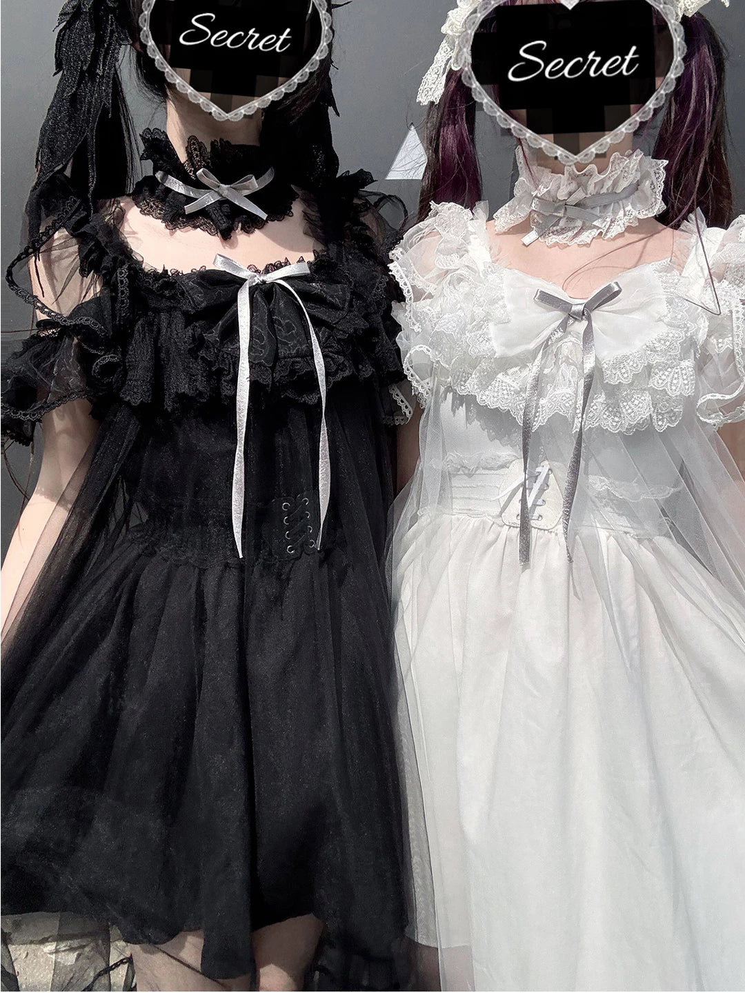 Creamy - Sheer Monochrome - Strappy Dress and Overlay Veil Set with Lace Trims