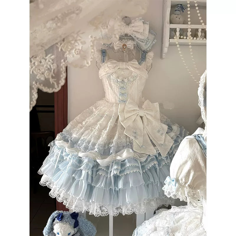 Creamy - Blue-White Love Song - Blue-and-White JSK Dress with Layered Lace