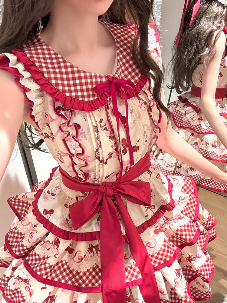 Dream Bunny - The Cherries Are Ripe - Cherry-Print Lolita Fashion Set with Gingham Ruffles