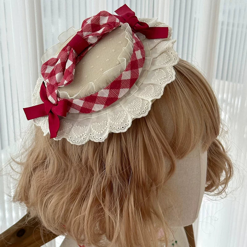 Baozi Pig - Strawberry Orchard - Hat with Gingham Ribbon and Lace Trim