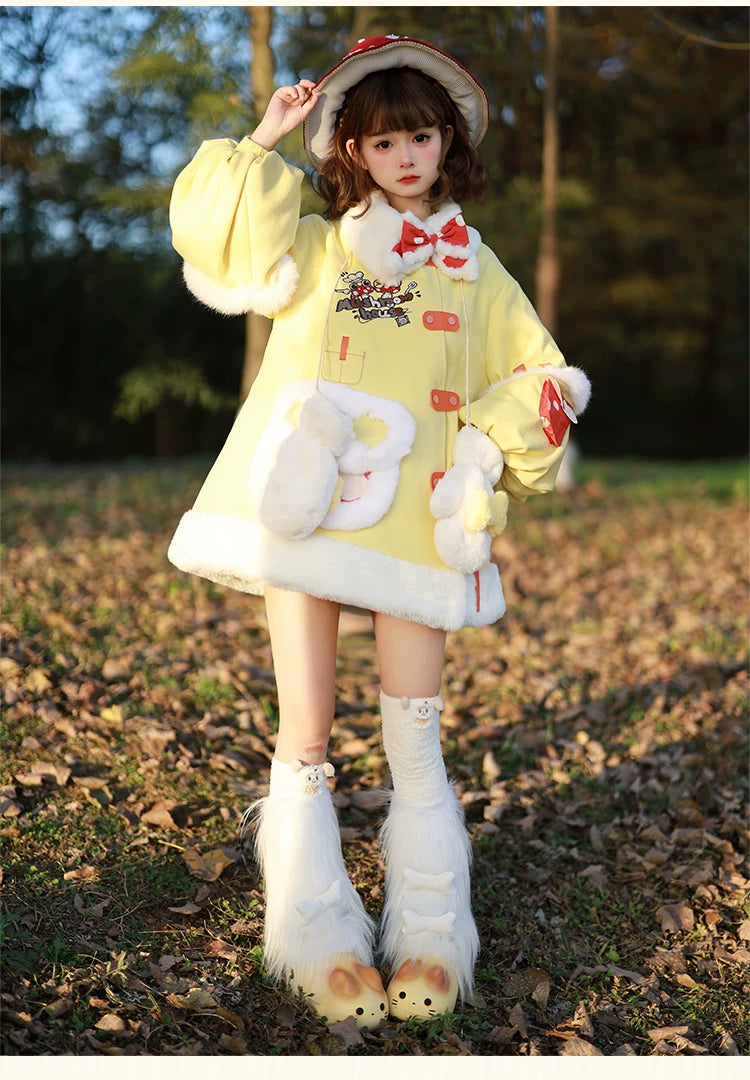 Baozi Pig yellow padded jacket with mushroom-house embroidery and white trim