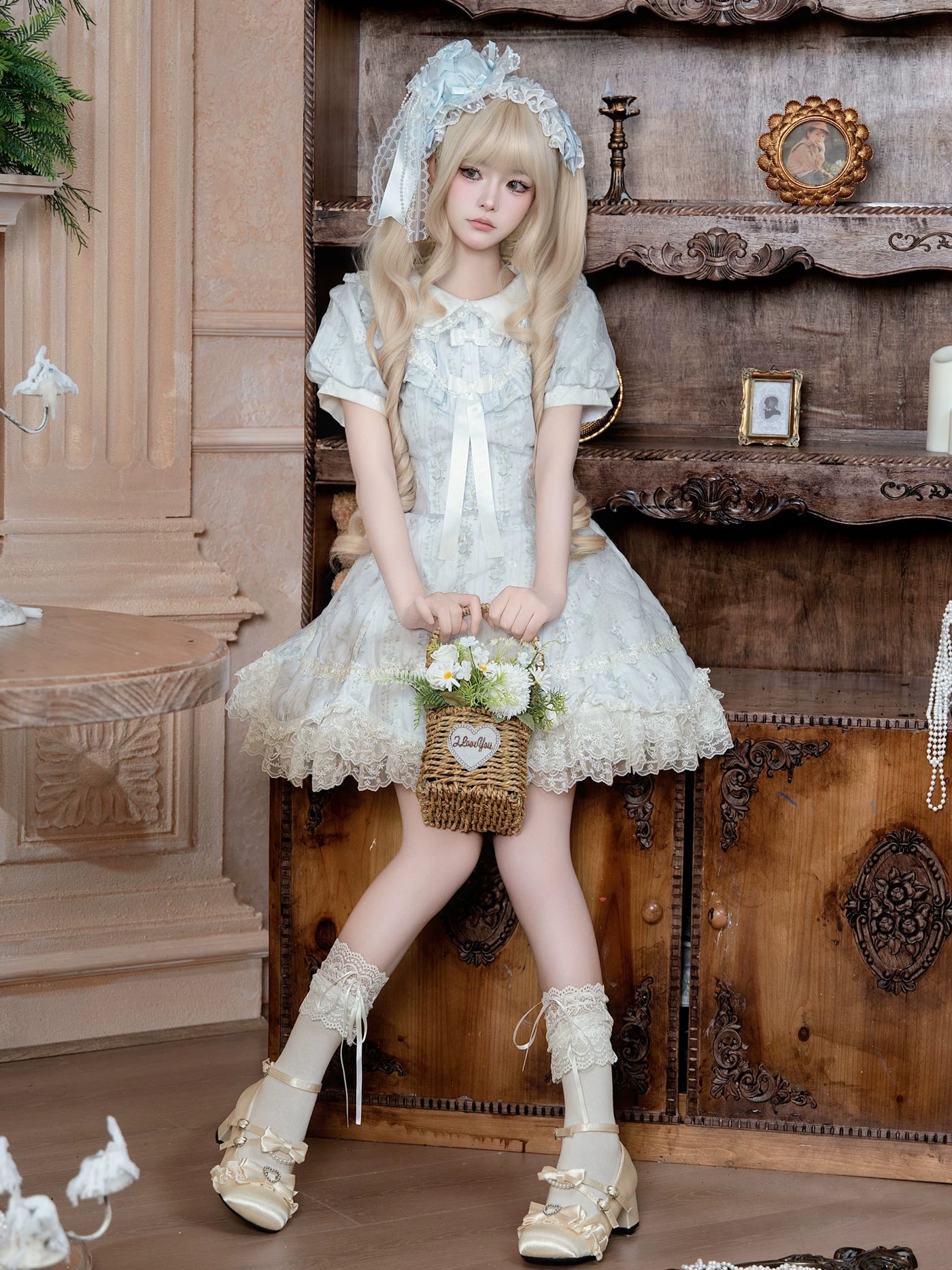 Yanran - Sweet Lolita Floral OP Dress - Pale blue one-piece Lolita