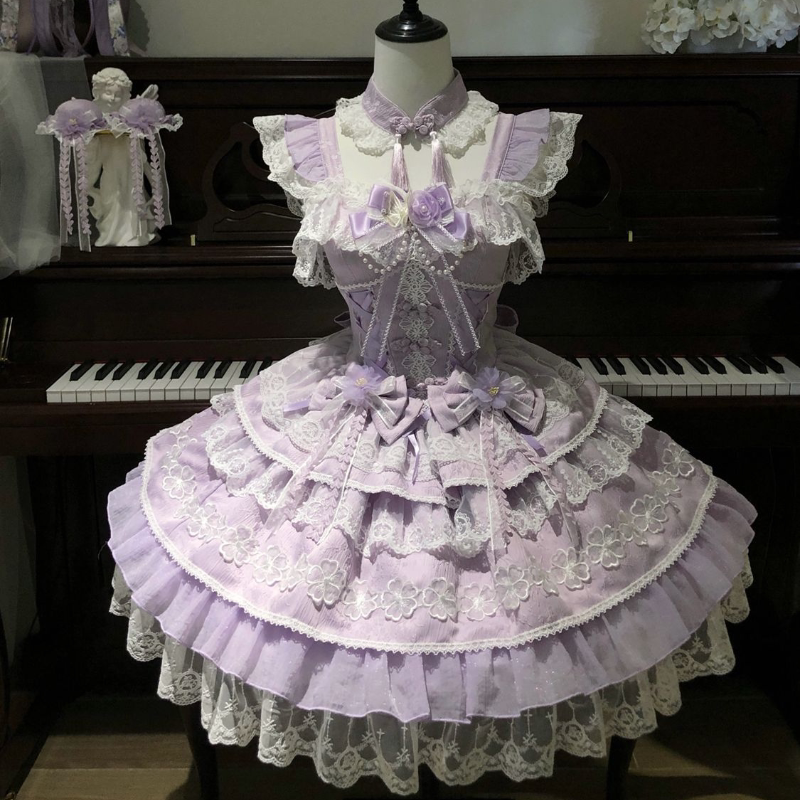 Lady Han Peach Rain Chinese Sweet JSK Dress by Lolita Fetch, featuring a pastel peach rain theme with floral and lace details.