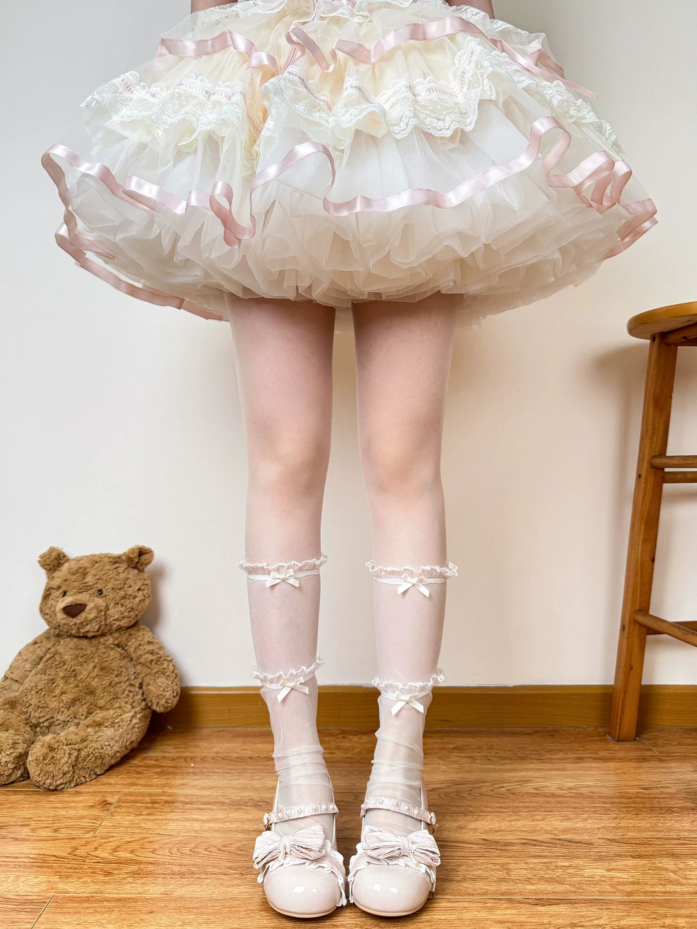 Chubby Bear Tales - Ballet Mesh Bow - Sheer Mesh Mid-Calf Socks with Ruffle Trim