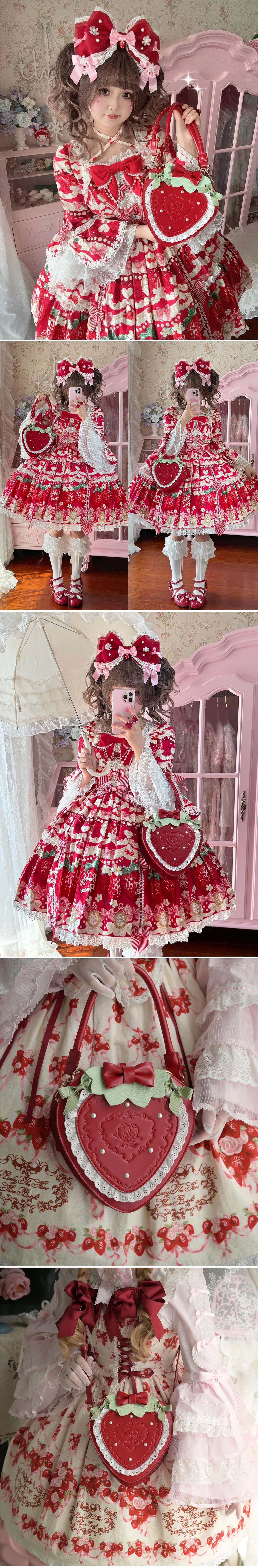 sheeppuff - Strawberry Heart - Heart-Shaped Bag with Lace and Pearl Details
