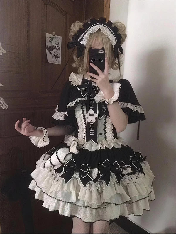 Creamy - Black Ribbon - Black JSK Dress with Cape and Bow-Trimmed Train