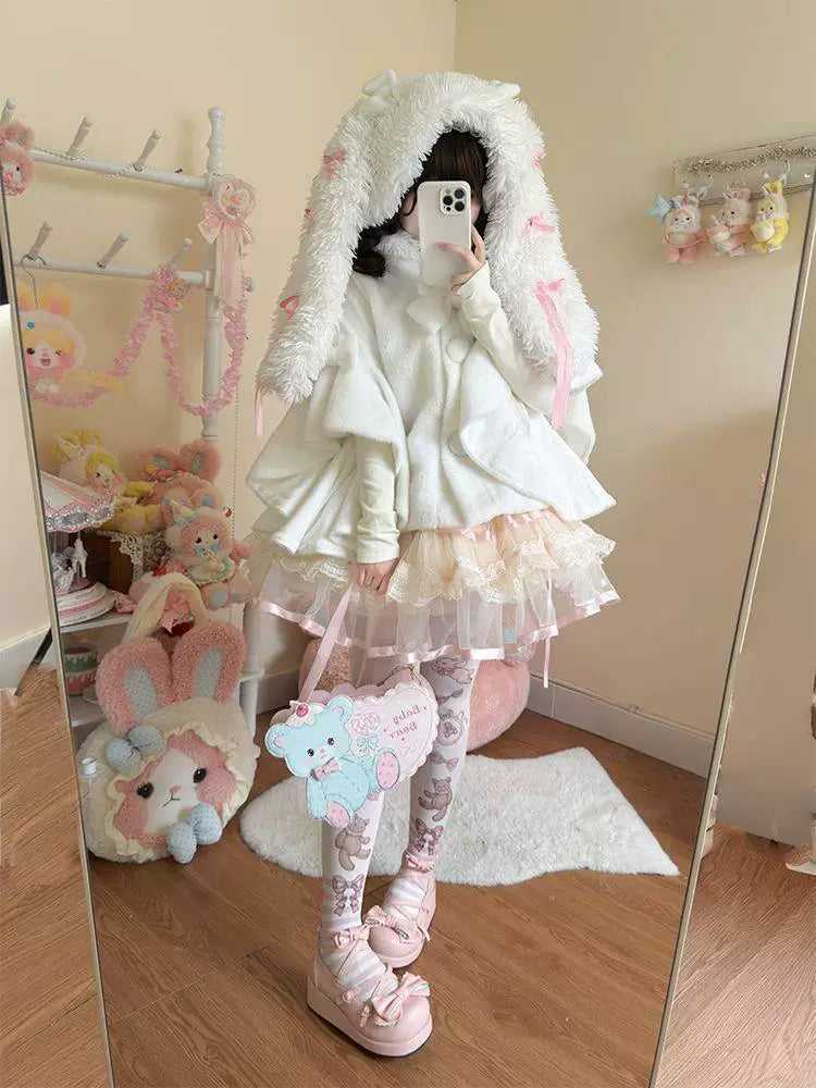 Off-white cotton-padded cape coat with oversized rabbit ears and pink ribbon accents