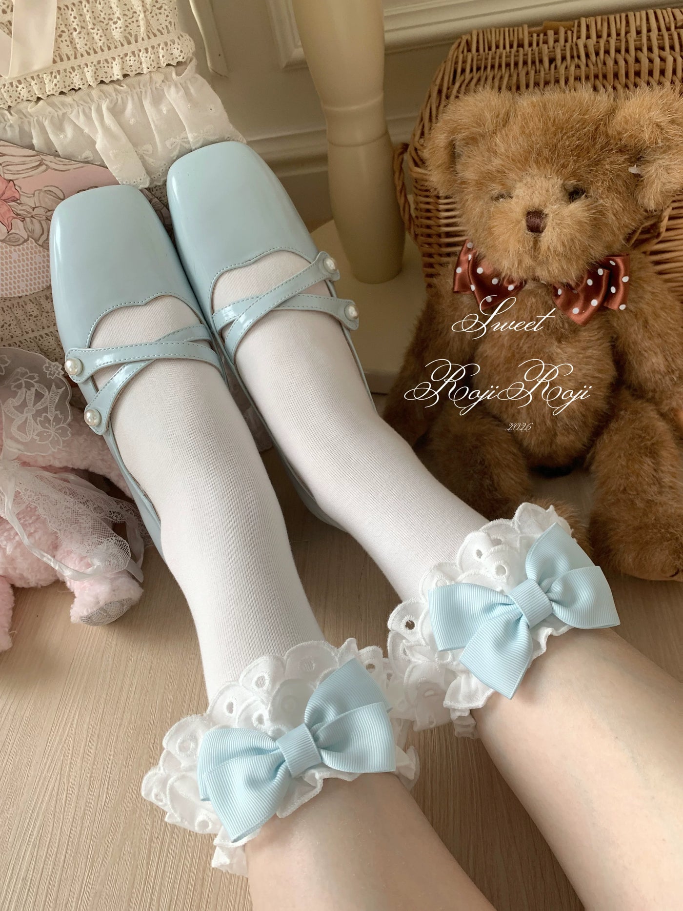 Roji Roji - Cotton Classic Lolita Calf Socks - Double Layer Trim & Bow Socks