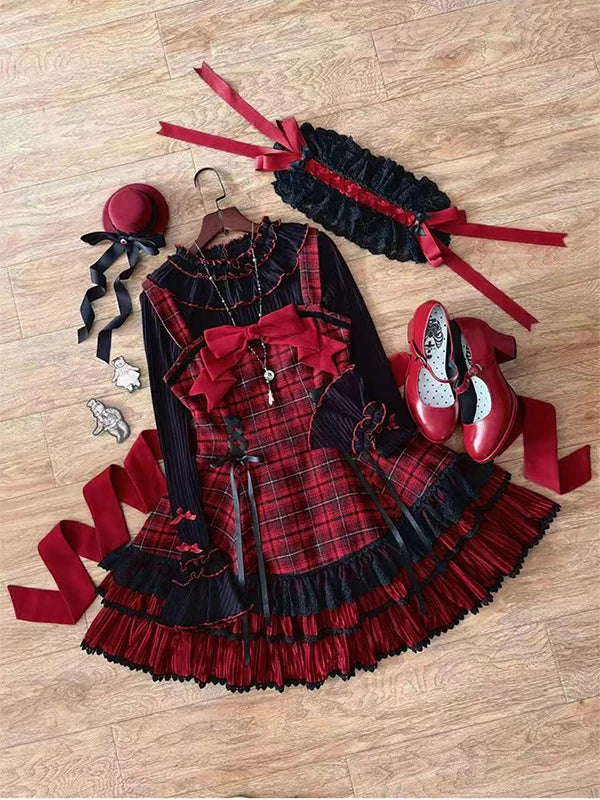 Creamy - Red Tartan - Three-Piece JSK Set with Ruffle Trim