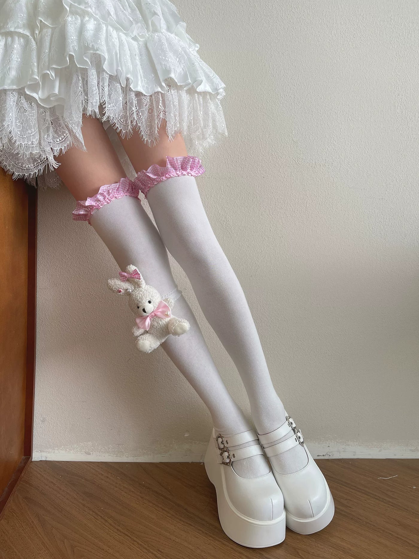 Sock Noble - Dreamy Rabbit - Plaid Lace-Trimmed Over-the-Knee Socks with Leg-Ring Options