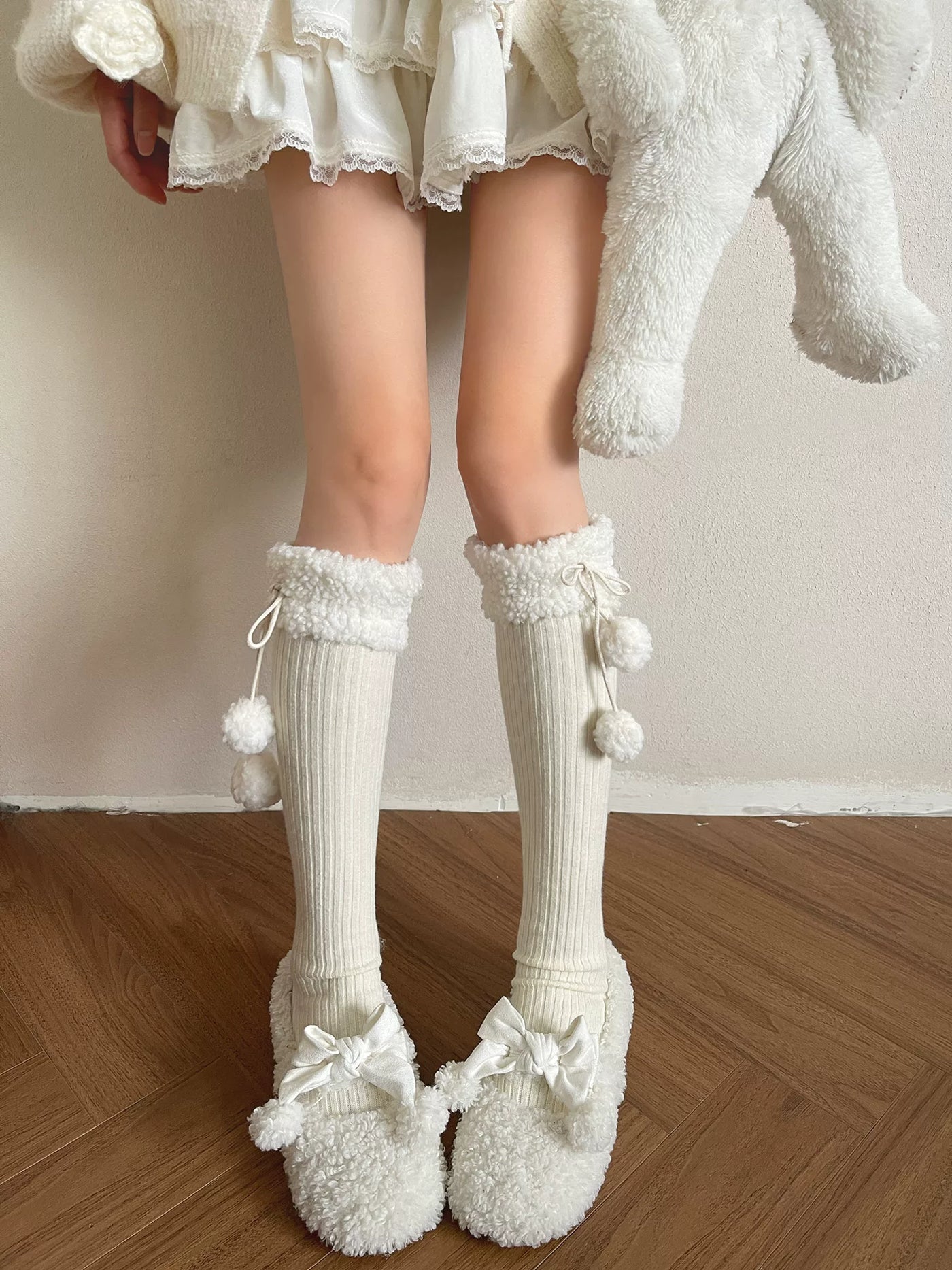 Sock Noble - Winter Pom-Pom - Mid-Calf Socks with Fluffy Cuffs and Pom-Pom Ties