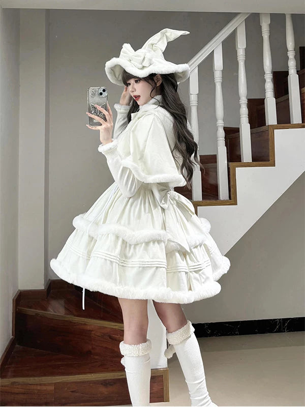 Creamy - Winter Japanese Heiress - Cape, Top & Dress Set with Fluffy Trim
