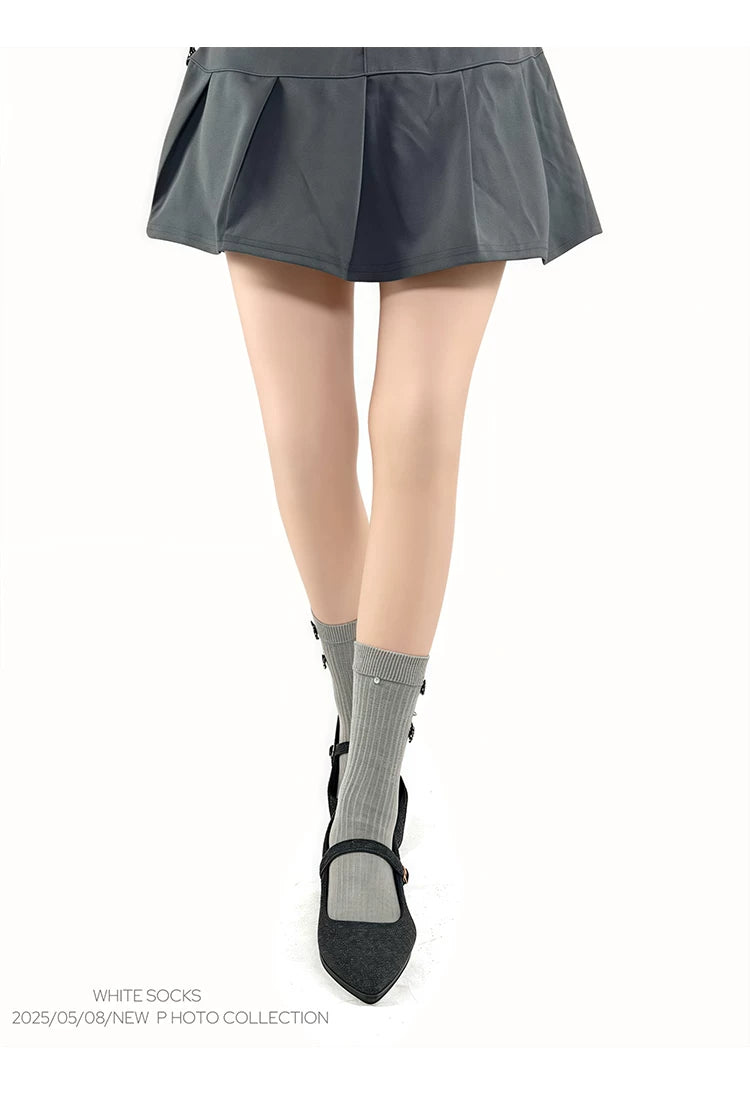 White Socks - Bow Rib - Mid-Calf Socks with Checked Bows