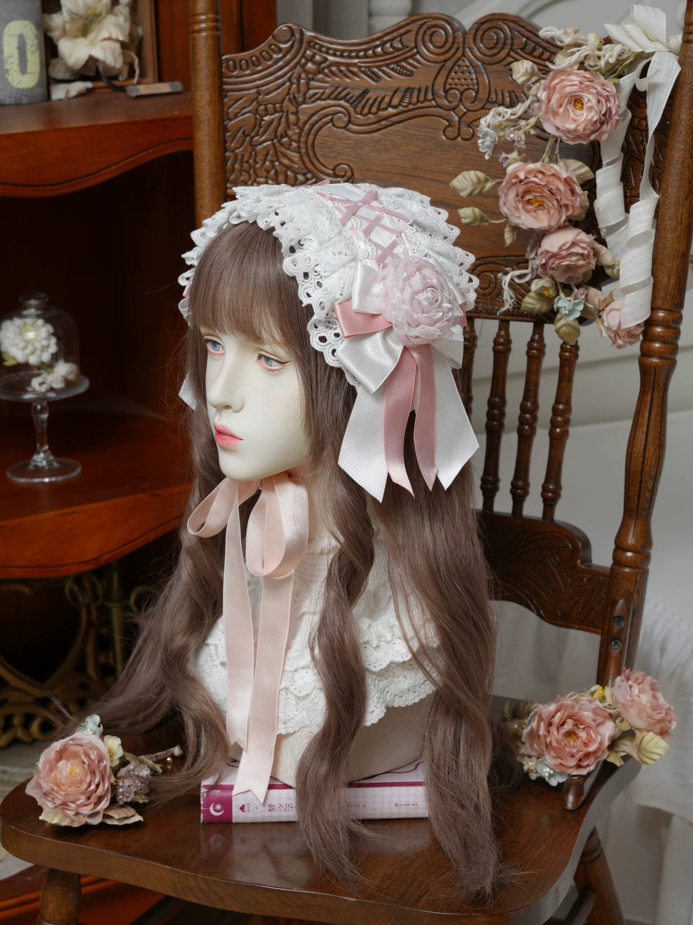 Star Box - Morning Dew Story - White Headwear with a Pink Rose Accent