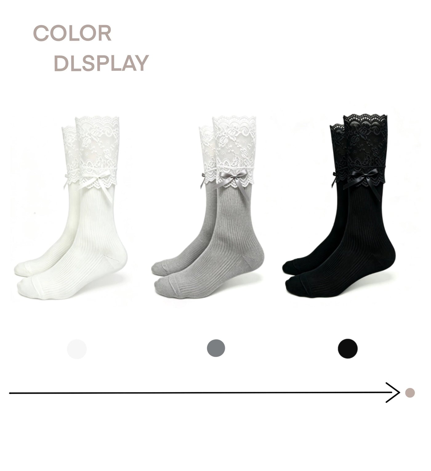 White lace-cuff socks with ribbon ties styled beneath a dotted skirt.
