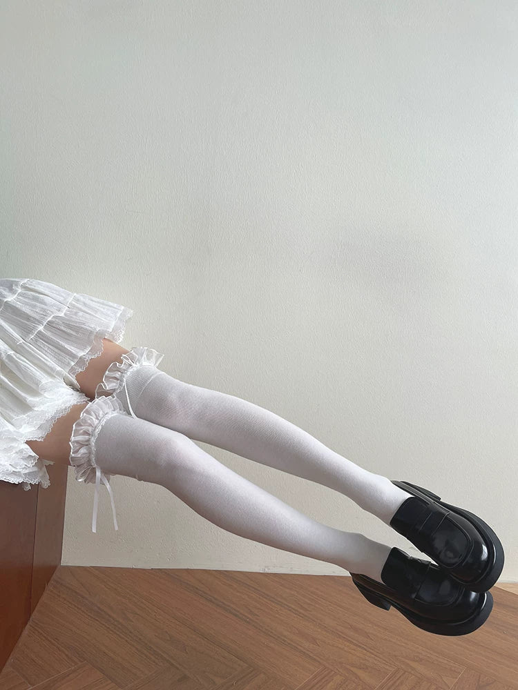 Sock Noble - Pleated Lace - Cotton Over-the-Knee Socks with Bow Detail
