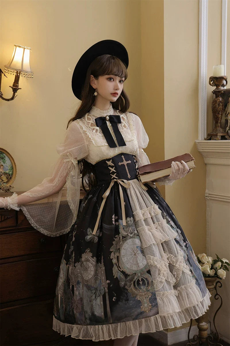 Your Princess - Clock Butterfly - Gothic Lolita Printed Blouse and Corset Skirt Set