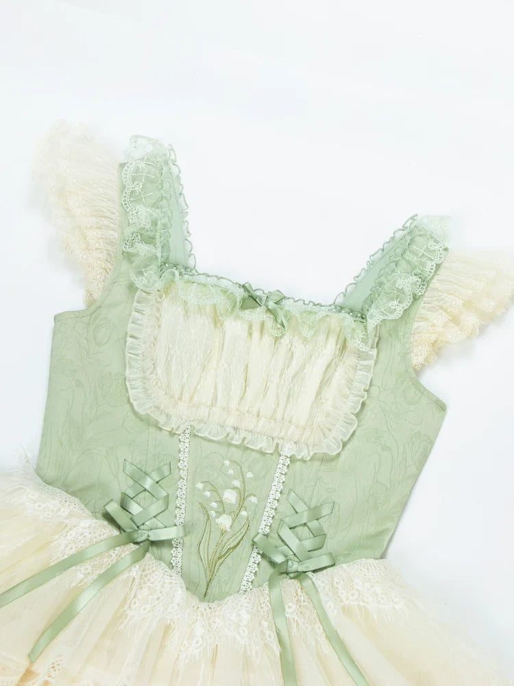 With PUJI - Lily of the Valley Whisper - Embroidered Classic Lolita Corset JSK Dress