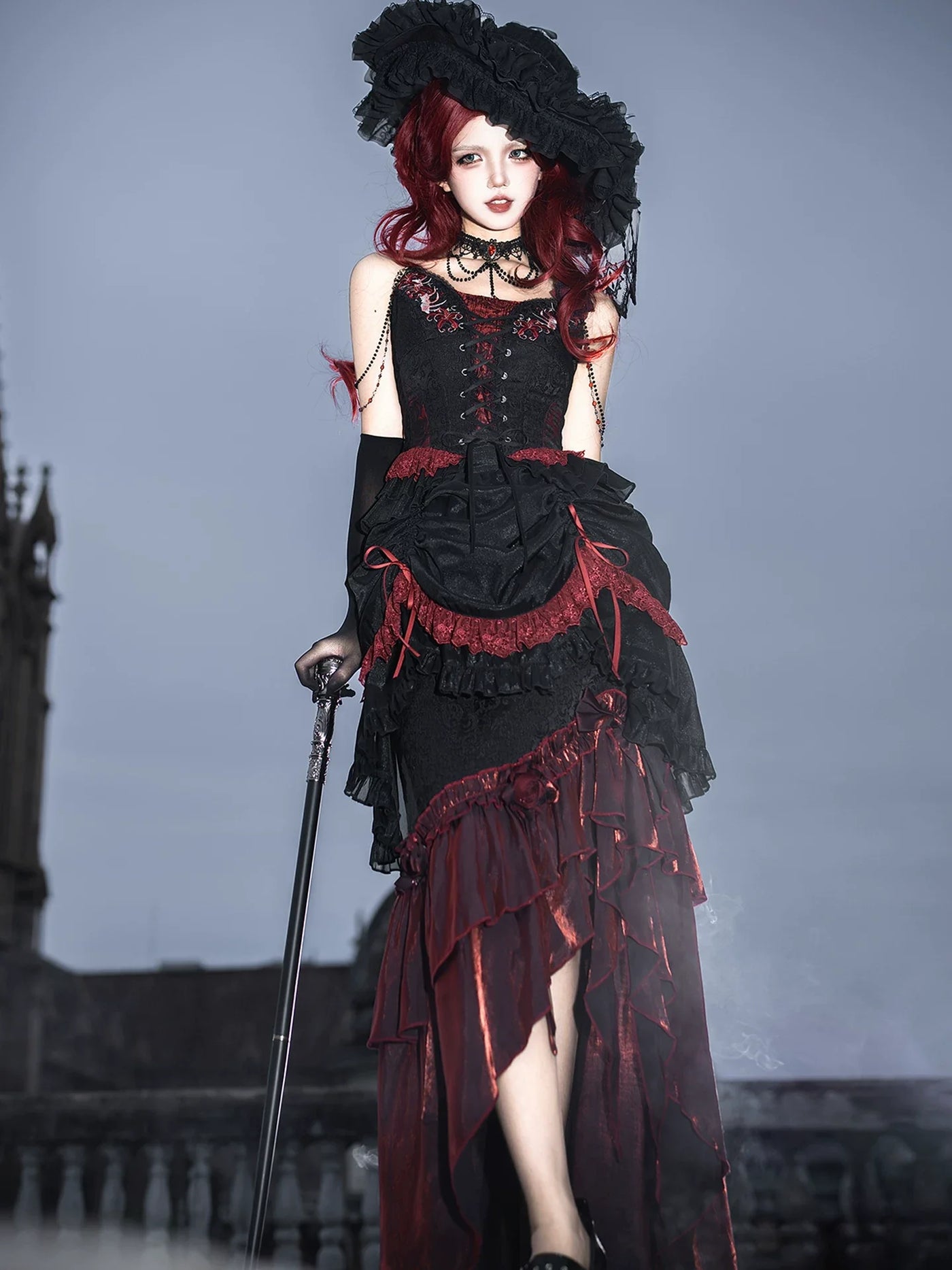 Your Princess - Bone Rot Bloom - Gothic Lolita Embroidered Camisole & Drawstring Lift-up Hem Skirt