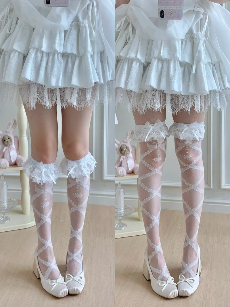 Roji Roji - Lolita Cross Printed Socks with - Layered Lace Trim Cuff Socks