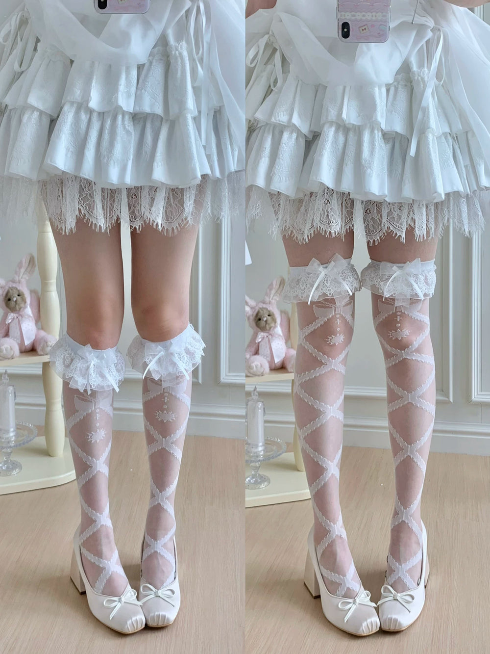 White lace-trim socks shown on a model