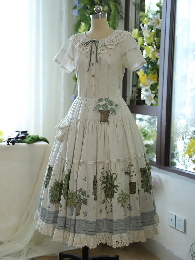 Baozi Pig - Little Potted Plant - Botanical Print One-Piece Dress and Skirt