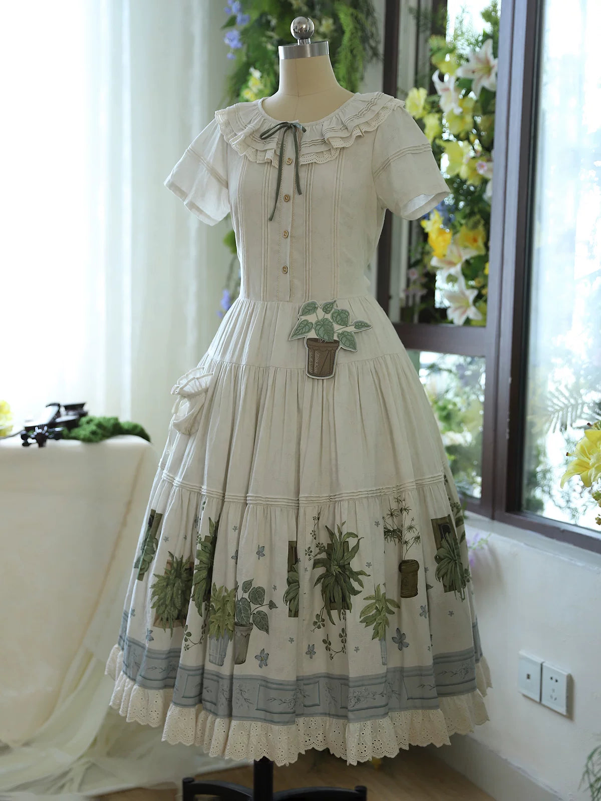 Baozi Pig - Small Potted Plant - Cotton OP dress or SK skirt with a botanical potted-plant print