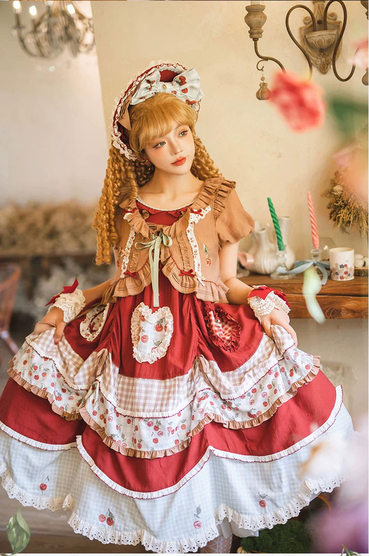 Baozi Pig - Cherry Pastoral - Red OP Dress with Cherry Print