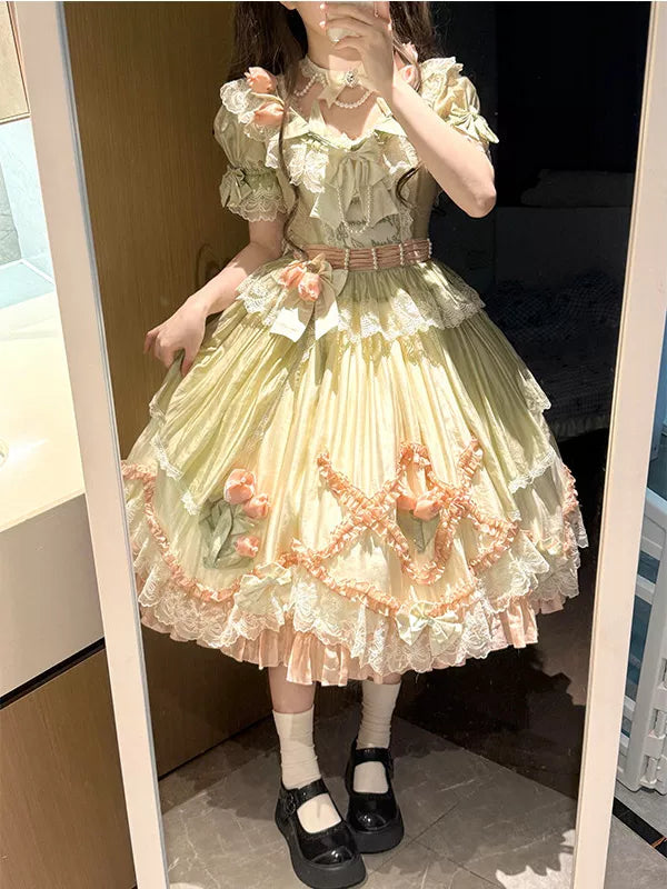Creamy - Green & Pink Floral - One-Piece Dress with Layered Lace and Bow Trims