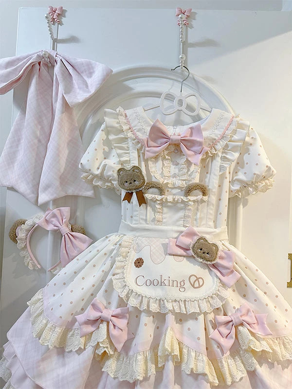 Creamy - Pink Bear Cooking - Pink OP apron dress set with bear accents