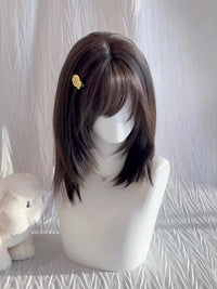 Kunkun Fish - First Love Medium-Length Layered Full Wig - Black tea + hairnet
