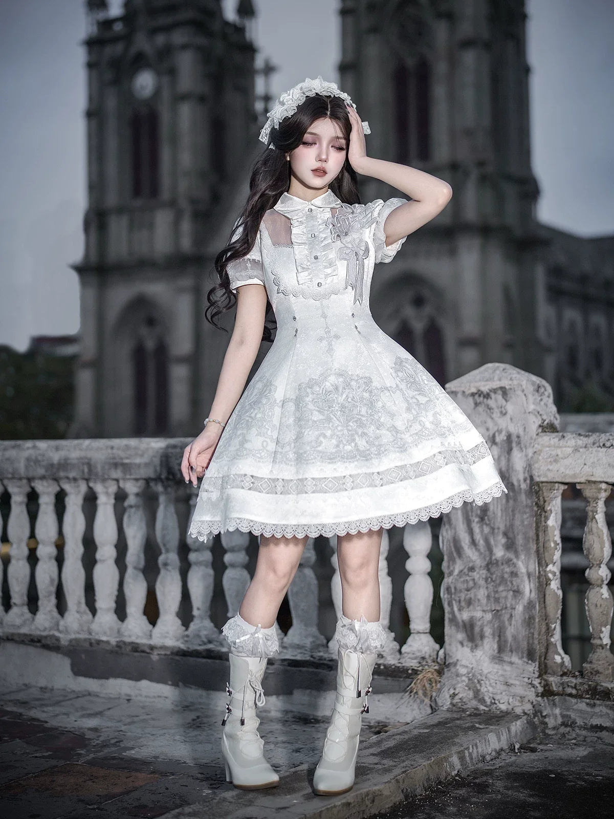 Letters from Unknown Star - White Classic Lolita Printed OP - Dress with Cross OP Dress