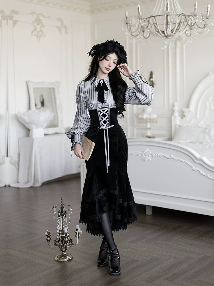 With PUJI - Dusk Moment - Classic Lolita Striped OP & Mermaid Dress Set, Fishbone Waist detail view 4