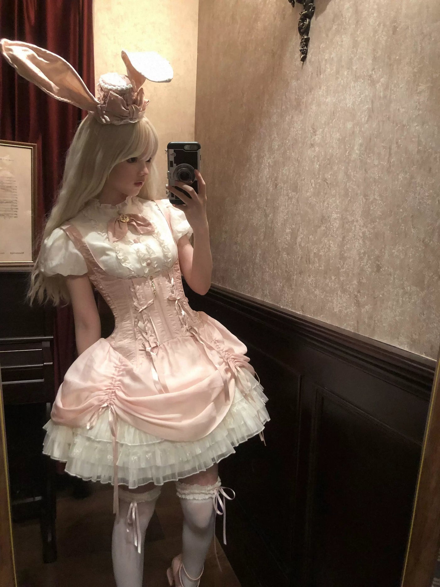 Creamy - Pink Rabbit - Pink Gothic JSK dress set with rabbit-ear hat