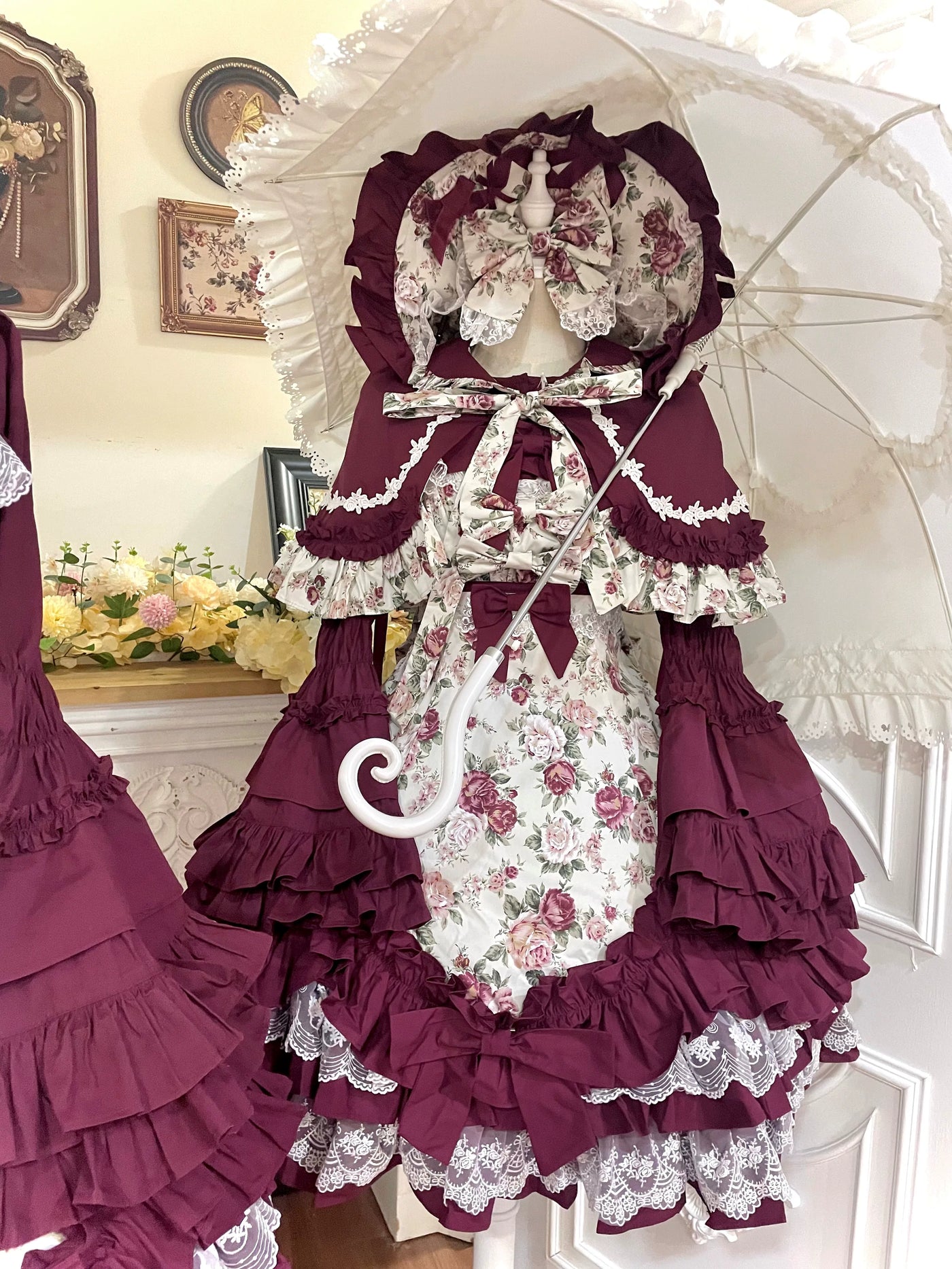 Tata Long Ear - Burgundy Roses - JSK Dress with Pale Rose Print and Tiered Ruffles