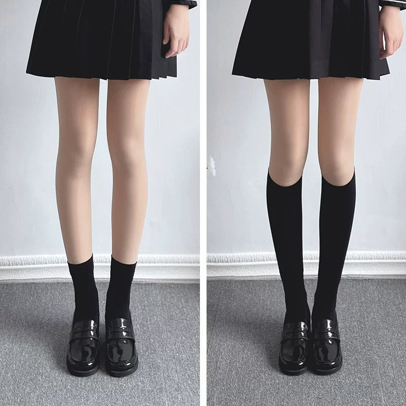 Floral Milk Cat - Black Multi-Length - Thin Heelless Socks in Four Lengths