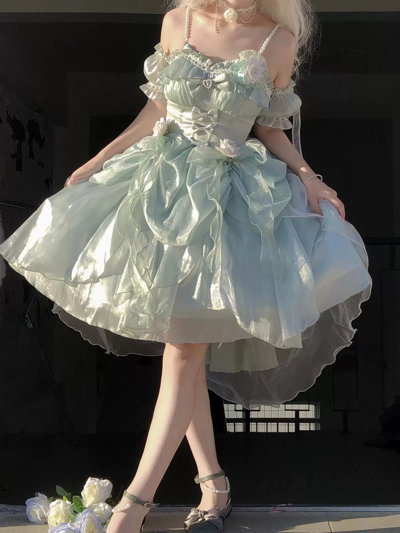 Creamy - Mint Garden Romance - Green JSK with Layered Ruffles and Floral Appliqués