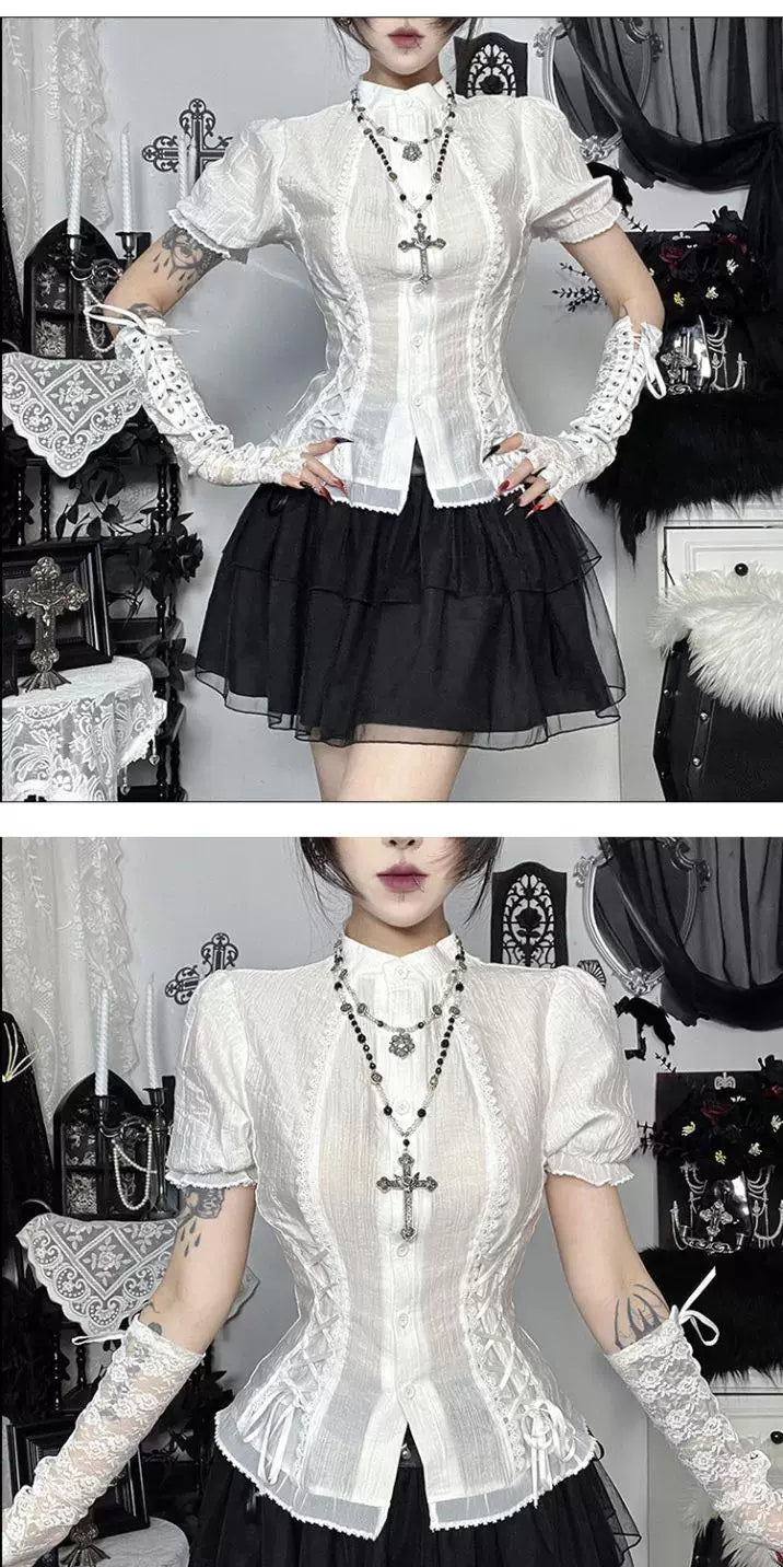 High-Neck Lace-Trim Fitted Blouse - Fitted