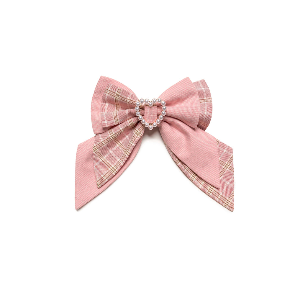 Pink plaid Lolita blouse with ruffled Peter Pan collar, bow detail and front buttons