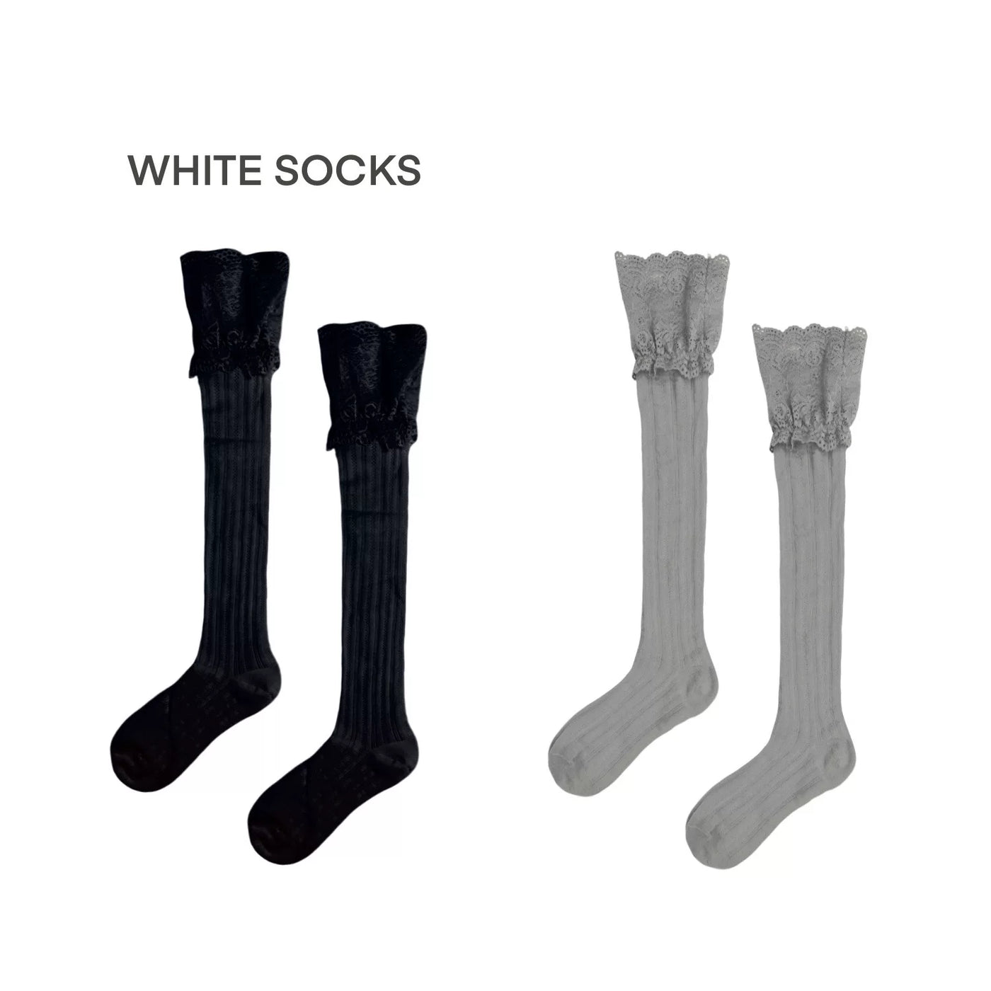 White Socks - Lace Stripe - Knee-High Socks with Wide Lace Cuffs