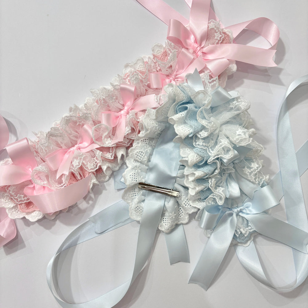 Cat Tart Christmas Lolita lace headband with pink-white and blue-white ribbon bows