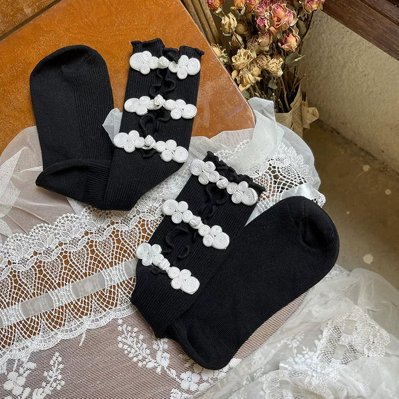 Sock Noble - Y2K Chinese - Openwork Mid-Calf Slouch Socks with Frog-Button Details