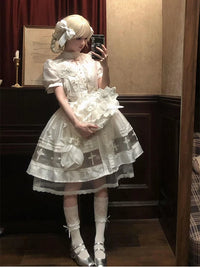 Creamy - White Gothic - Short-Sleeve High-Collar OP Dress with Chest Accessory - White short version (chest accessory included) / S