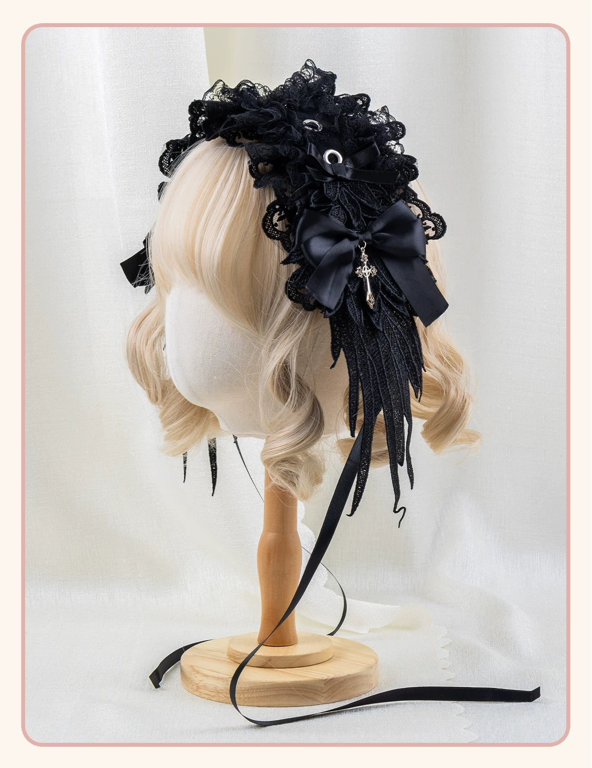 Stardust Rose - A035 Black Lace - Black Lace Headwear and Hand Sleeves with Ribbon Bows