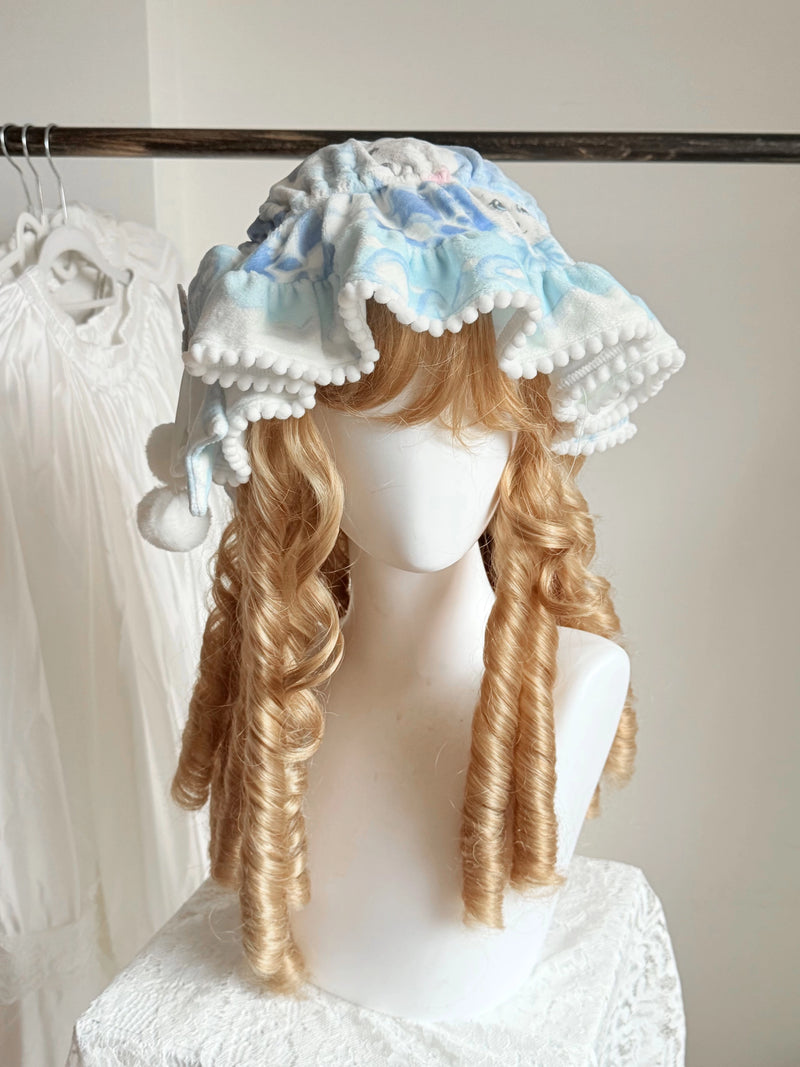 Winter Plush Lolita Headband, Bonnet & Embroidery Options — Light Blue Gradient Bonnet - Print Placement Varies