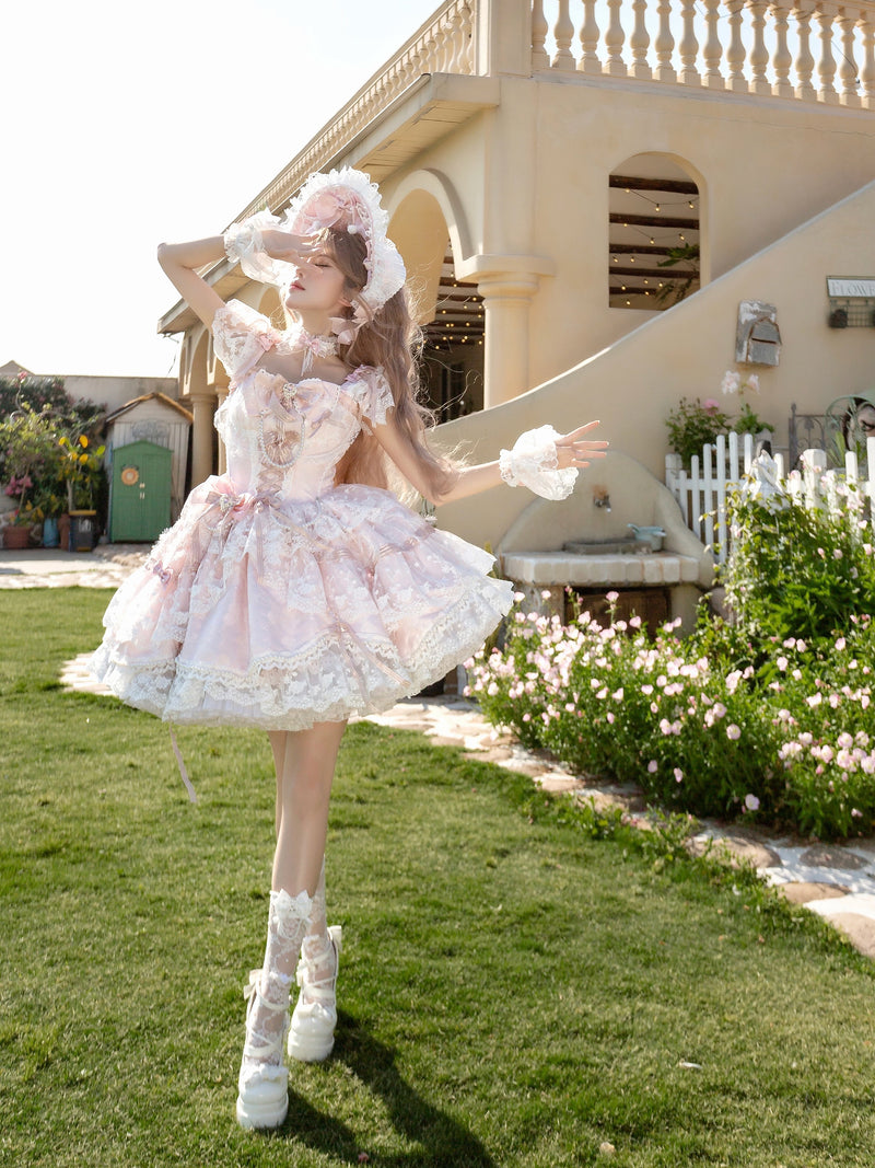 Pale blue balletcore Lolita JSK with off-shoulder lace trim and tiered skirt