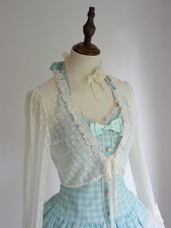 Creamy - Gingham Halter - Cardigan and Gingham Dress Set with a Waist Bow