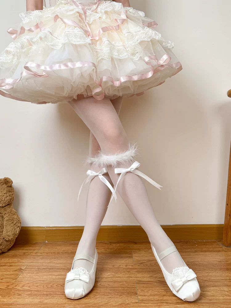 Chubby Bear Tales - Love Letter Ballet - Feather-Trimmed Calf Slouch Socks with Ribbon Bows