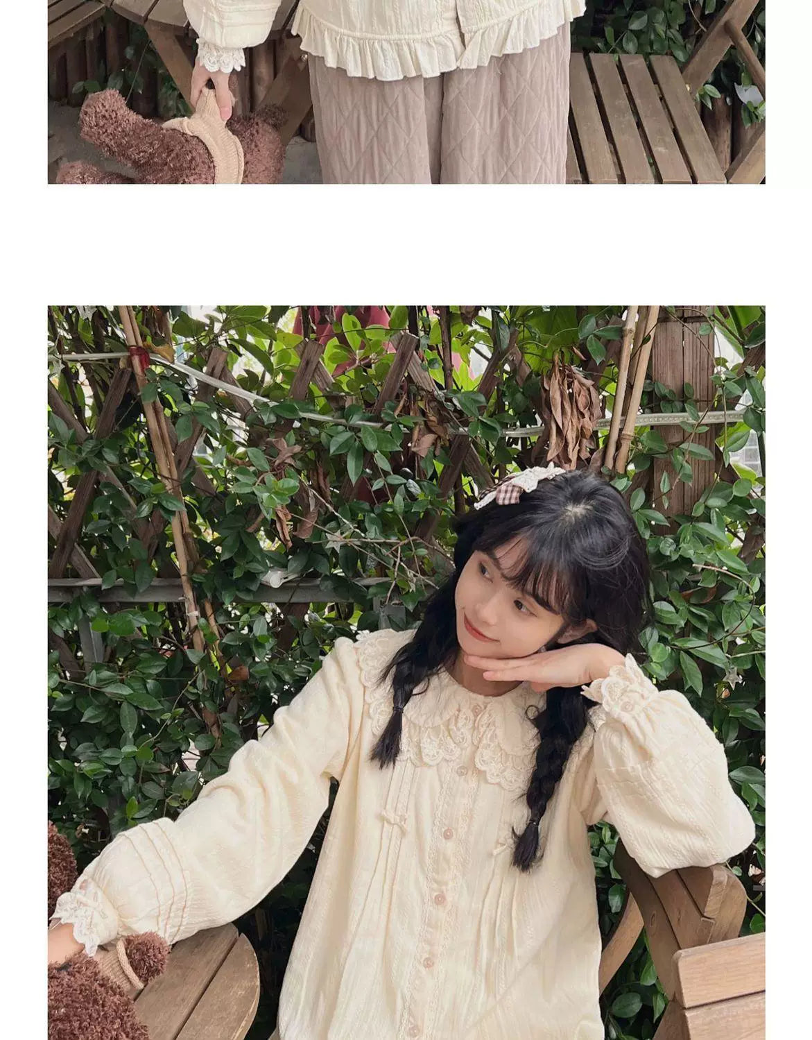 Sweetheart Dream Machine - Lace Collar Classic - Lace-Collar Long-Sleeve Blouse with Front Bows